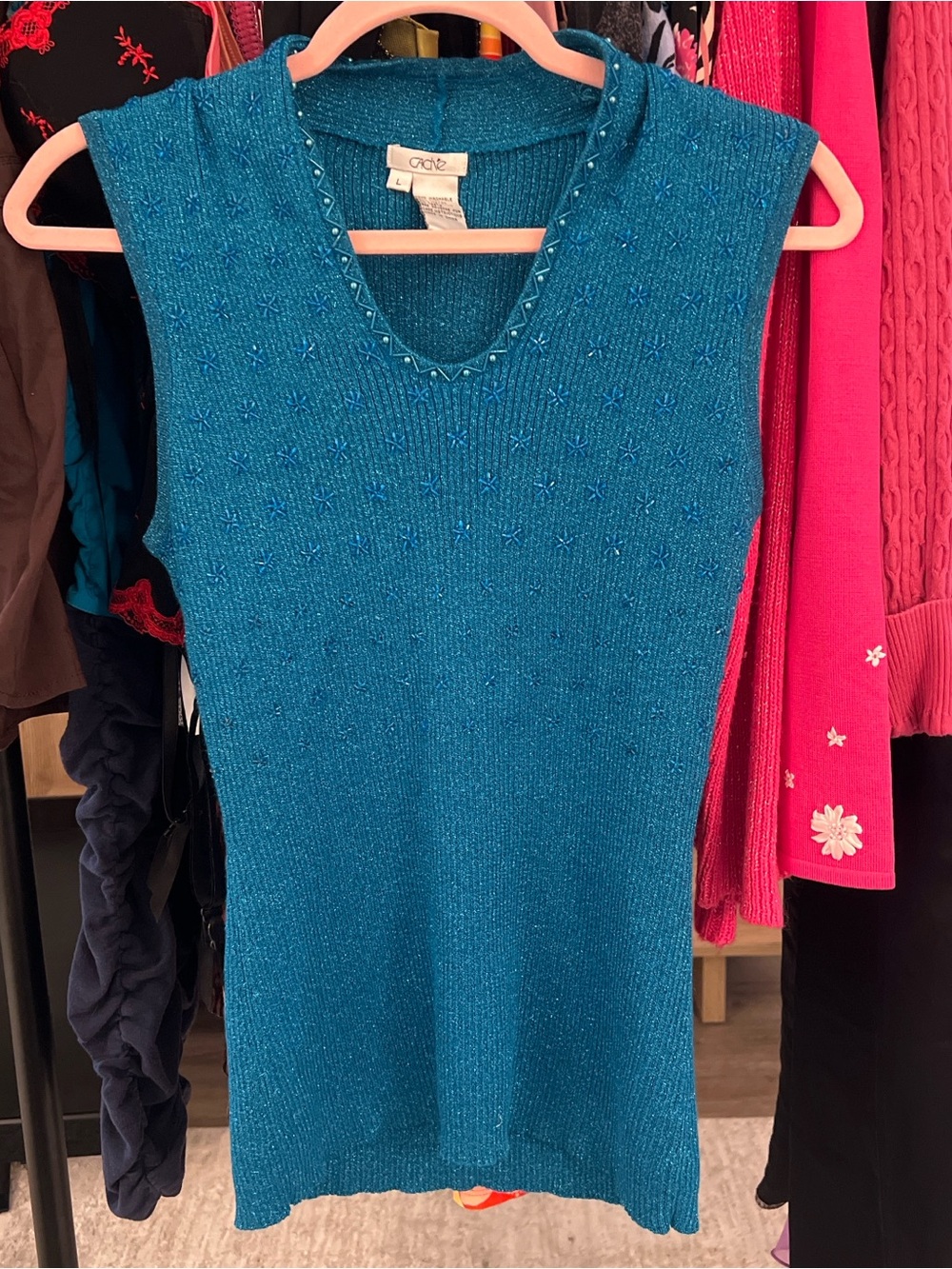 Cache Beaded Sparkly Blue Metallic Knit Y2K Vintage Top Size Large Stretchy - Picture 7 of 8
